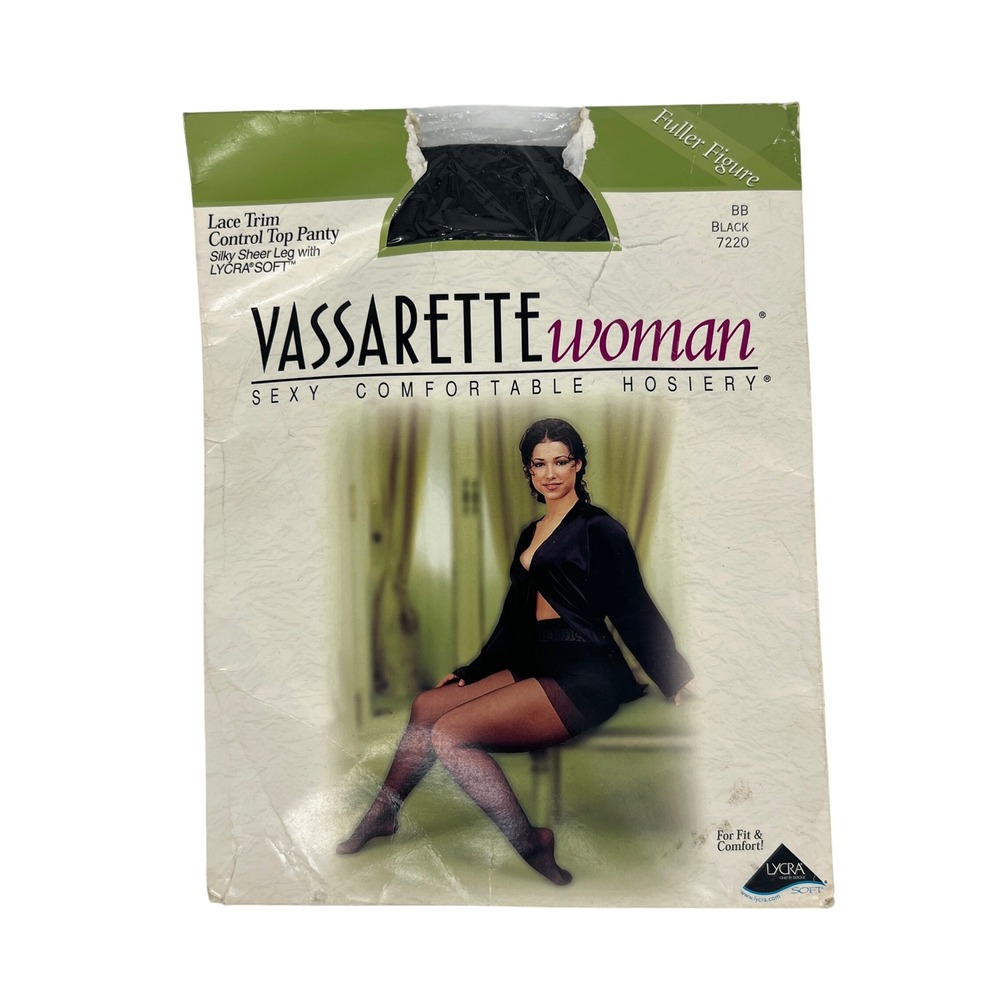 Vintage Vassarette Woman Black Lace Trim Control Top Silky Sheer Hosiery BB 7220